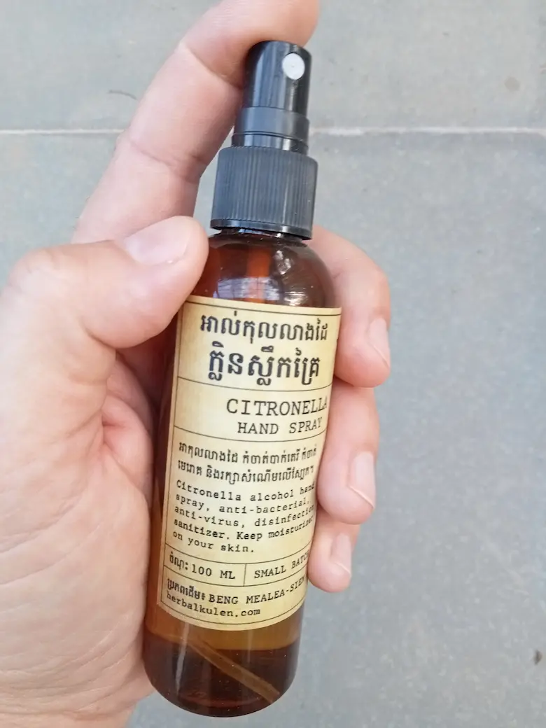 Herbal Kulen citronella hand spray in a small amber bottle with a fine mist nozzle.