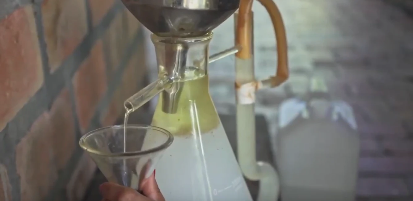 Botanical liquid being collected during the distillation process at Herbal Kulen in Cambodia.